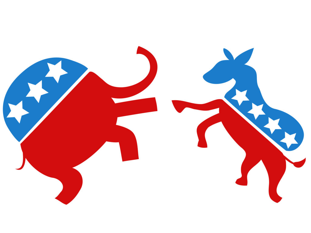 Republican & Democrat party logos fighting each other trying to reach bi-partisanship.